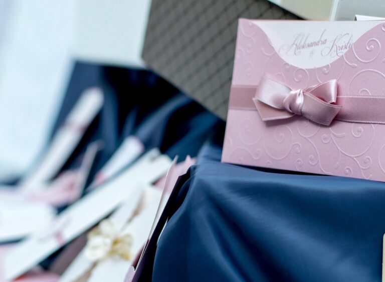 wedding invitation in purple envelope