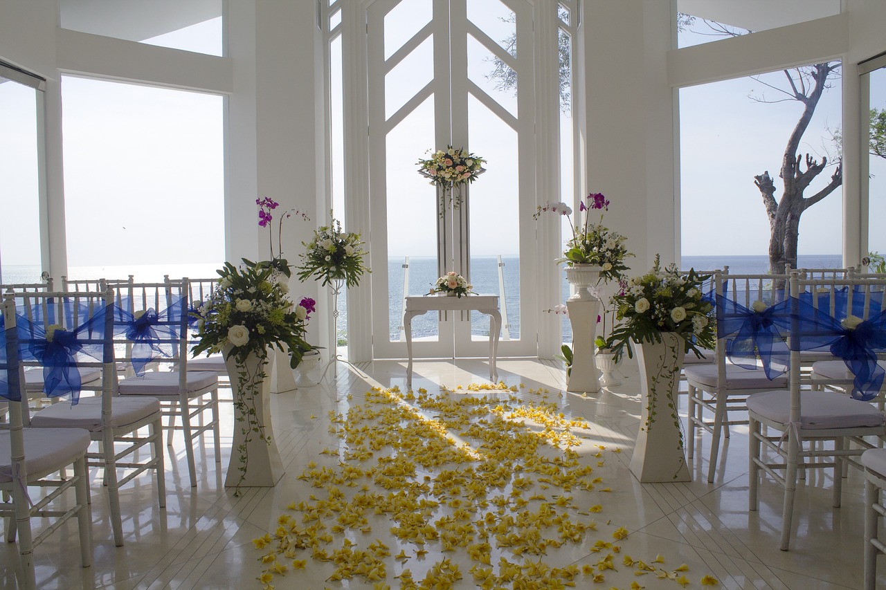 wedding venue with altar and flowers and chairs